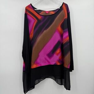 Sunny Leigh Top Women 3X Black Pink Artsy Long Sleeve Chiffon Trim Colorful